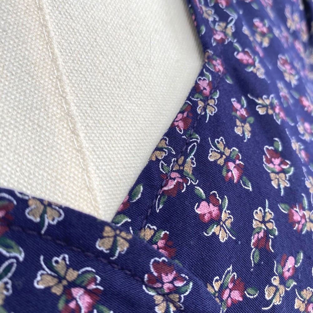 Vintage Navy Blue Pink Floral Midi Dress S Cottage Prairie Button Puff Sleeve - Picture 4 of 15